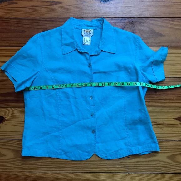 Talbots Teal Irish Linen Short Sleeve Button Down Top, EUC, L - Picture 6 of 11